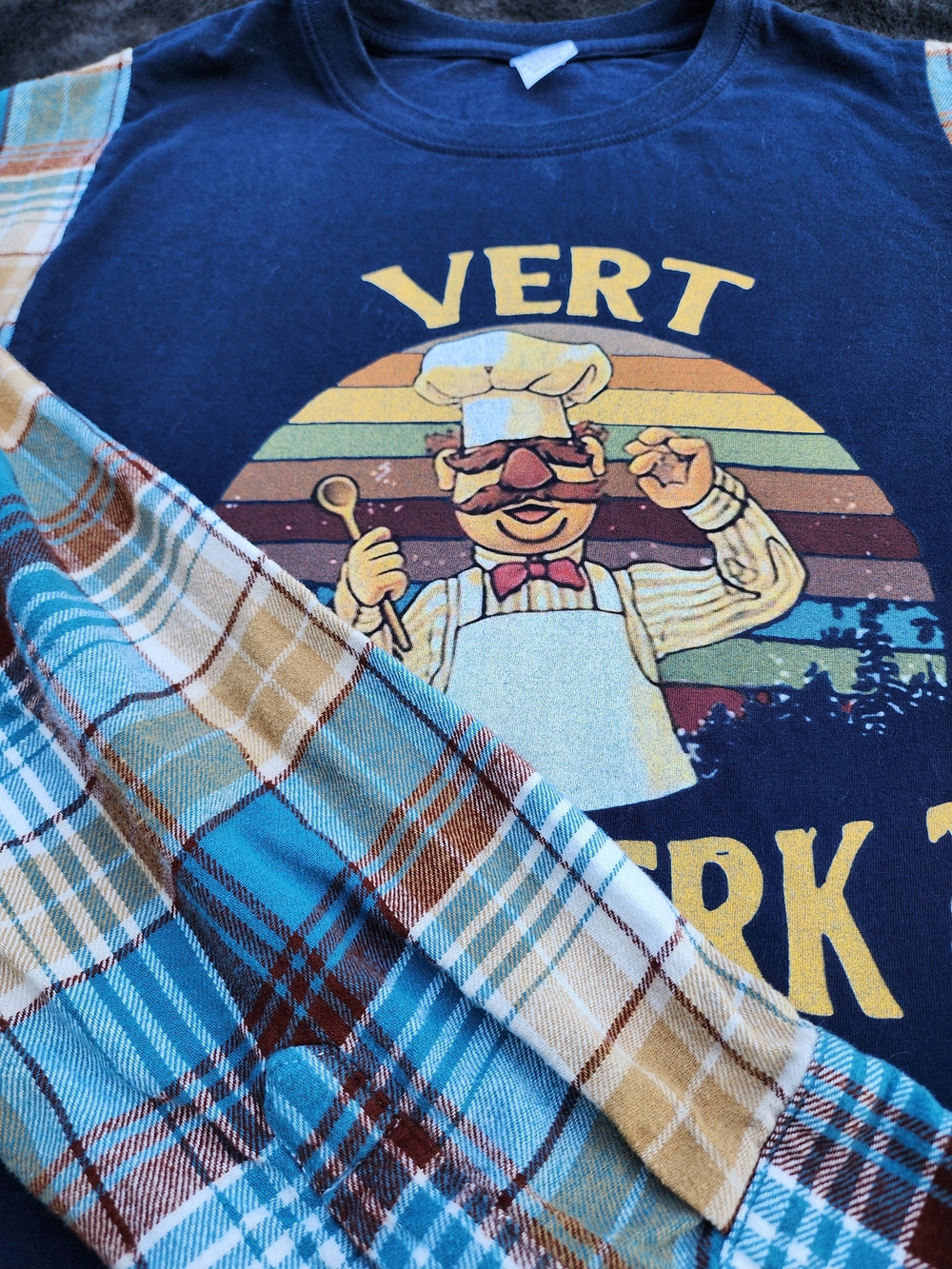 OOAK Graphic Chef Tee with Plaid Flannel Sleeve Detail Navy, Yellow/Orange Teal